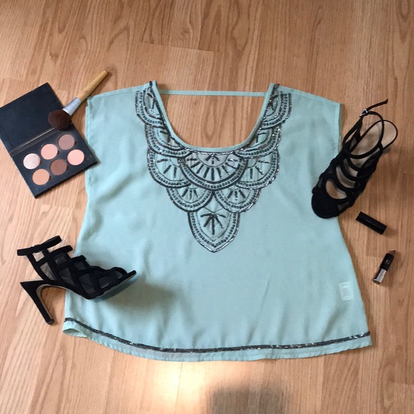 Decree Tops - Beaded Mint Green Blouse